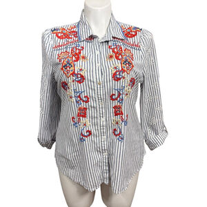 Reba Women’s XL Blue White Striped Embroidered Button Up Shirt Top